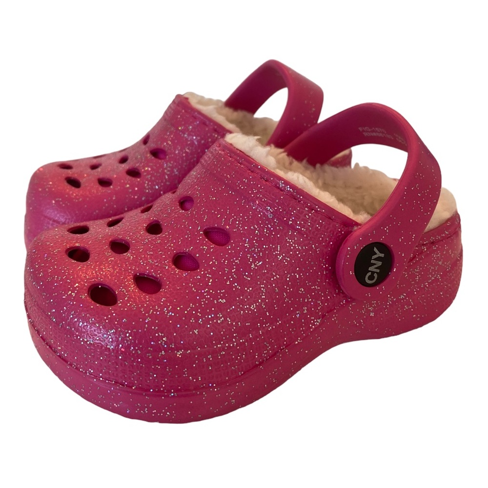 CAPELLI NEW YORK Little Girl’s Pink Faux Fur Glitter Slip On Clogs. Size:  4/5